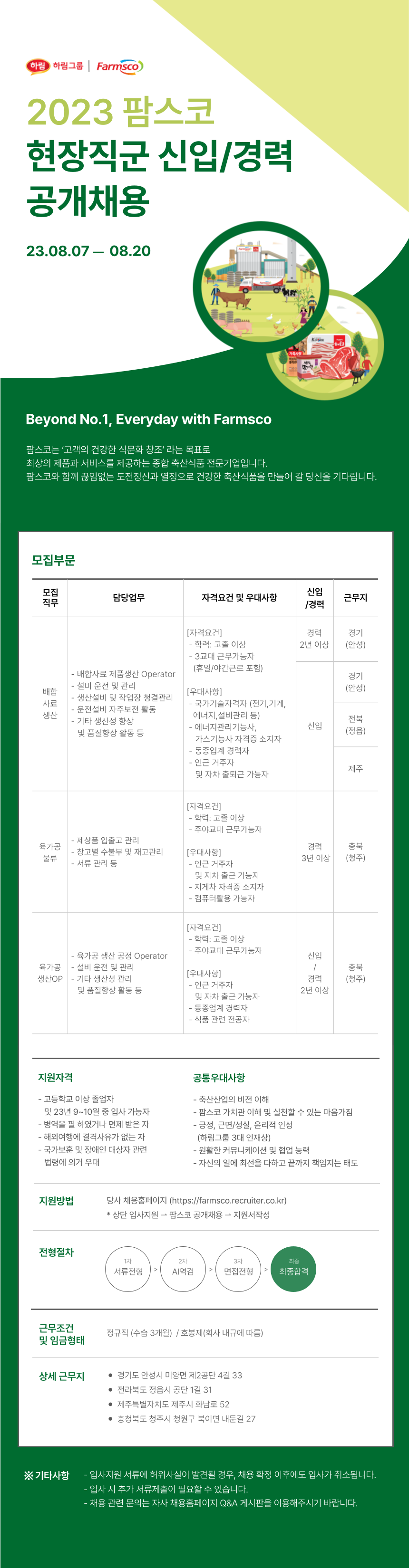 [팜스코] 2023년 팜스코 하반기 현장직군 신입/경력 공개채용